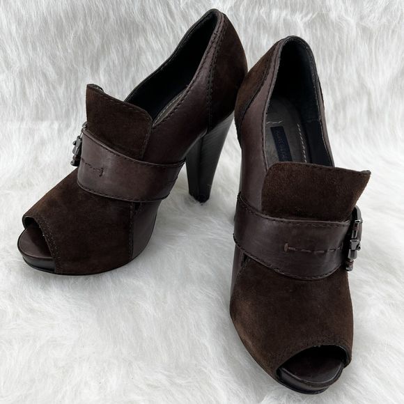 Kurt Geiger Sz 36 US 5.5 Brown Leather Suede Peep Toe 4.5” Stacked Heel Pump - Picture 2 of 16